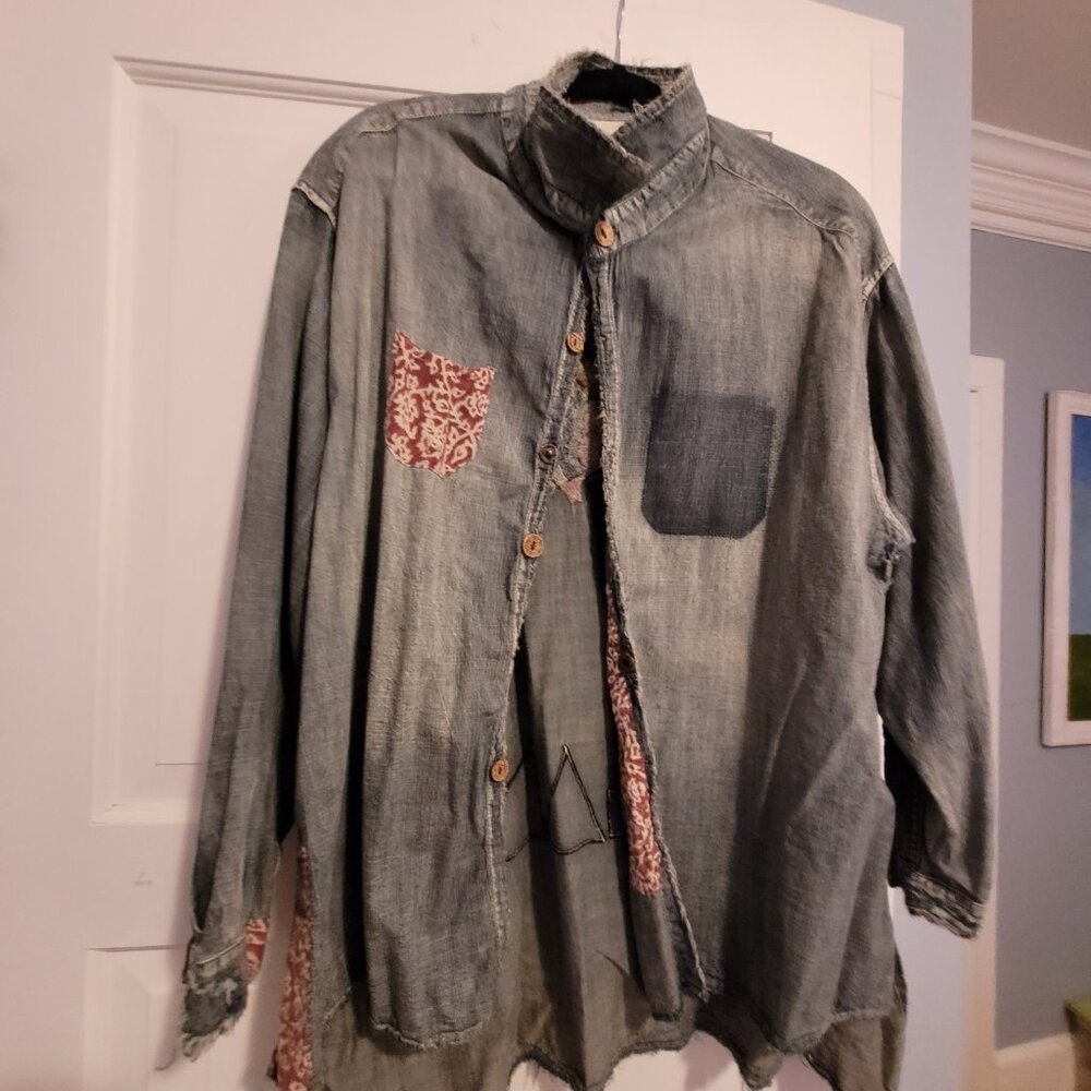 Magnolia Pearl Rare Bob Dylan Embroidered Distressed Button Down Denim Shirt